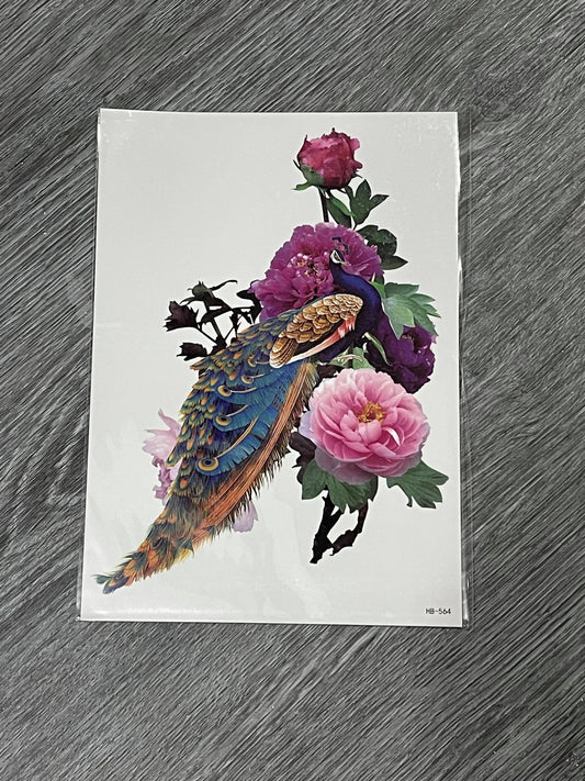 Peacock Pink Flowers Tattoo - HB564